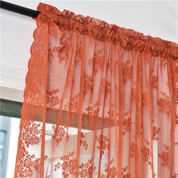 Burnt Orange Sheer Curtains 63 Inch Length 2 Panels, Rustic Lace Floral Fall - Picture 3 of 8